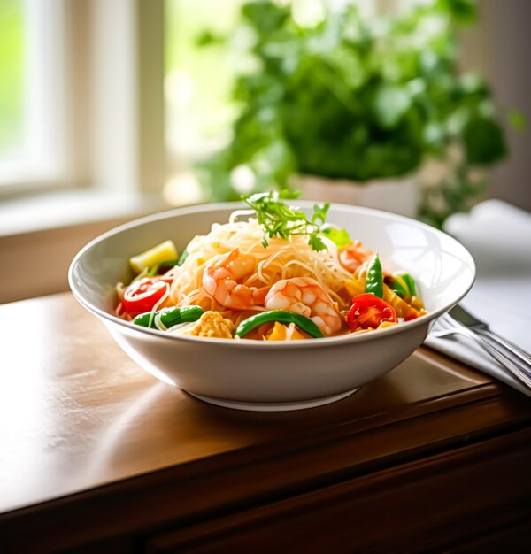 Macarrão com camarão e legumes refeição de comida orgânica para almoço ou jantar saborosa receita generativa ai