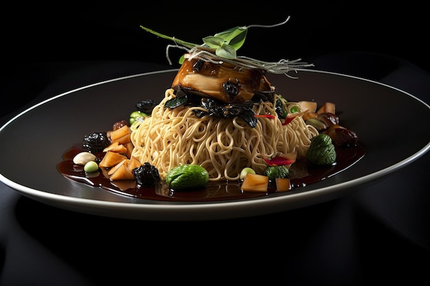 Macarrão com frango e legumes em um fundo preto Restaurant Generative AI