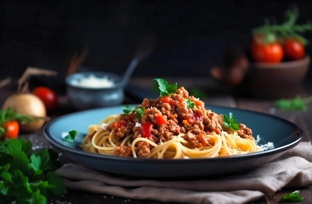 Macarrão com molho de carne em tigela branca de prato de linguini