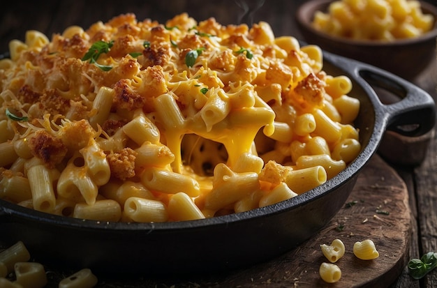 Macarrão com queijo numa frigideira de castiron