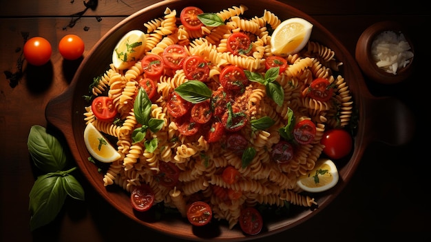 Macarrão com tomate cereja fresco e manjericão