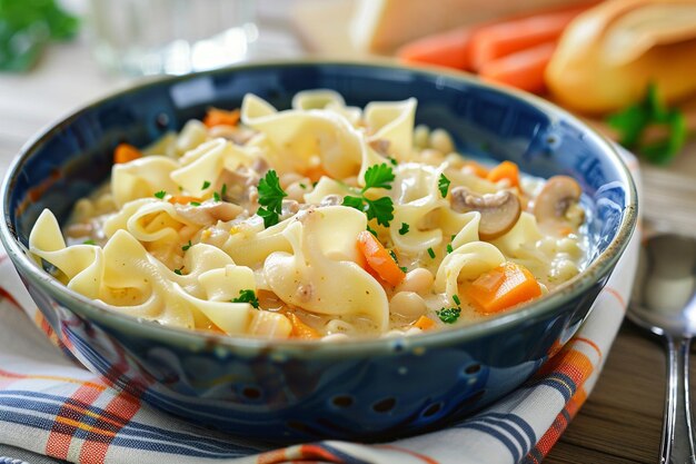 Macarrão com vegetais, cogumelos e feijão branco.