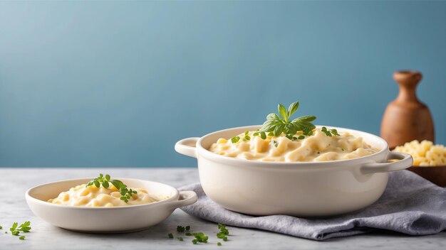 Macarrão cremoso assado com queijo em um fundo limpo