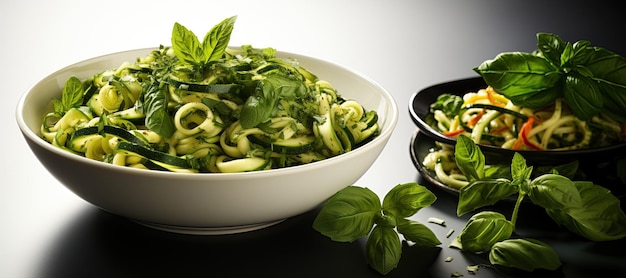 Macarrão de Abobrinha com Molho Pesto Uma alternativa lowcarb ao macarrão com macarrão de abobrinha misturado com pesto de manjericão caseiro Gerado com IA