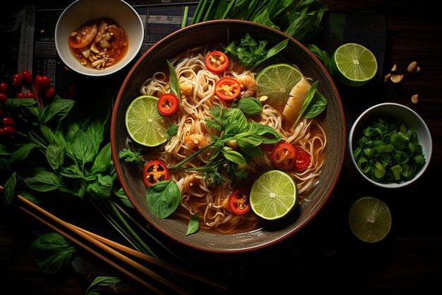 Foto macarrão de arroz wok shirataki divertidos vegetais sopa de molho de soja pho pho bo pad comida tailandesa