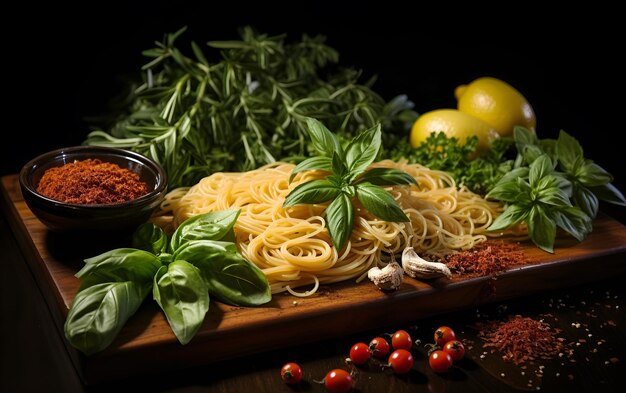 Macarrão de espaguete e ingredientes para cozinhar em prato de madeira