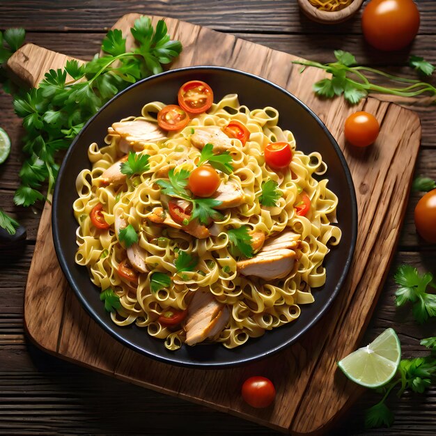 Macarrão de frango e tomates na mesa de madeira