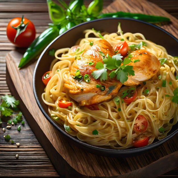 Macarrão de frango e tomates na mesa de madeira