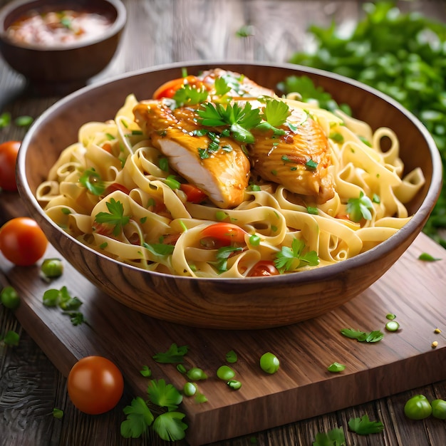 Macarrão de frango e tomates na mesa de madeira