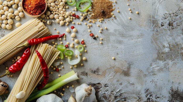 macarrão de soja cru com vegetais e especiarias em fundo cinzento