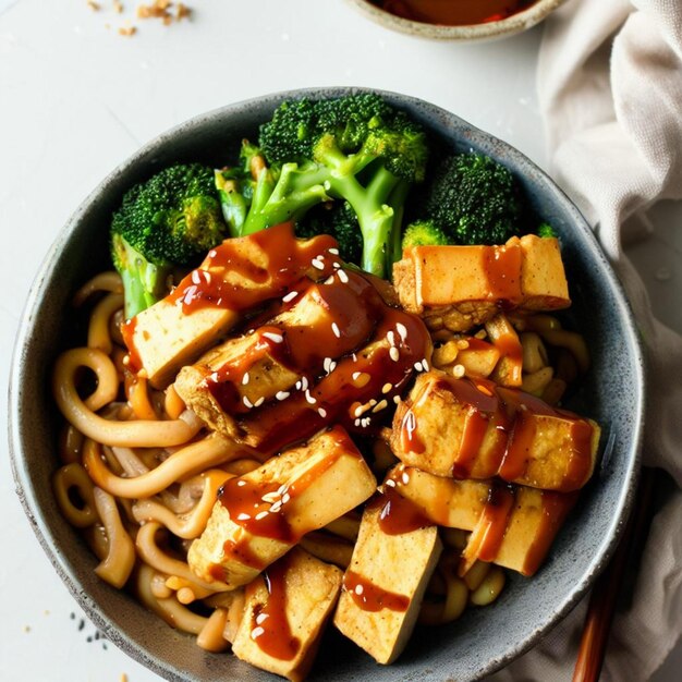 macarrão de tofu Udon com brócolis e sementes de gergelim