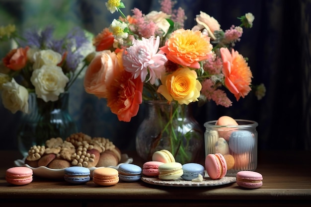 macarrão doce redondo e lindo em uma caixa festiva com flores em um fundo de flores IA generativa