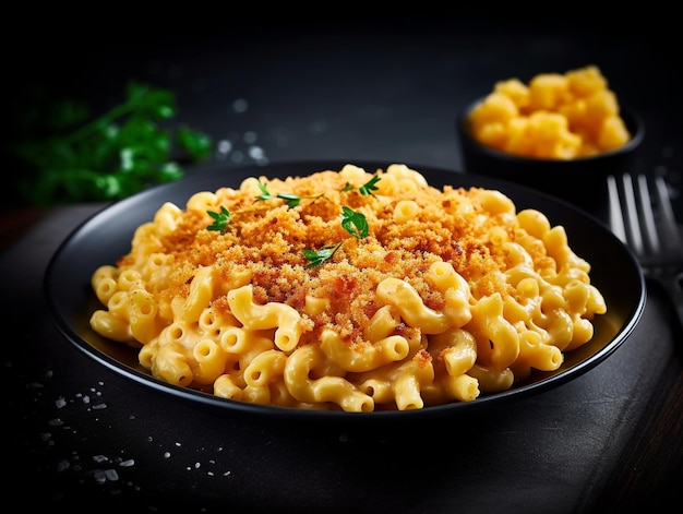 Macarrão e queijo em uma tigela com salsa ao lado