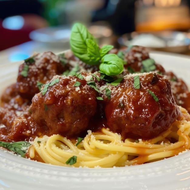 Macarrão espaguete com almôndegas ao molho de tomate e parmesão