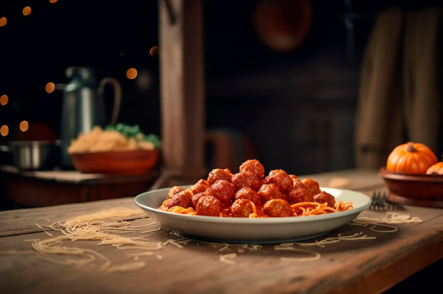 Macarrão espaguete com almôndegas em molho de tomate caseiro em mesa de madeira gerada por IA