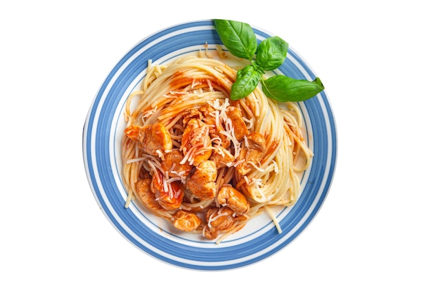 macarrão espaguete frango carne molho de tomate fresco refeição saudável comida lanche na mesa cópia espaço