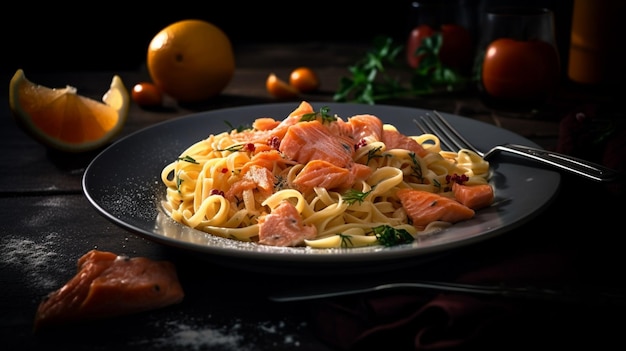 Macarrão fettuccine com salmão defumado e salsa em backgroundgenerative ai preto