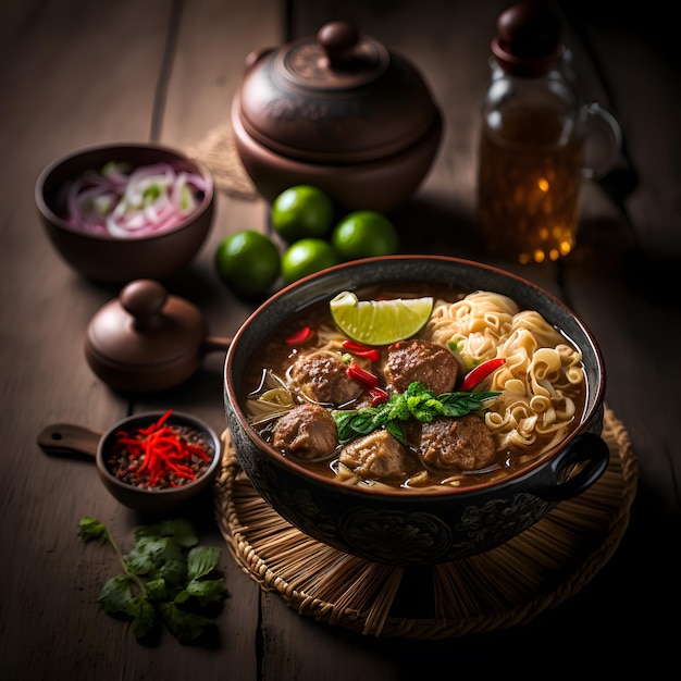 macarrão fotográfico com carne de porco e bolinhos de carne de porco, pasta de pimenta com sopa tailandesa e vegetais. macarrão de barco