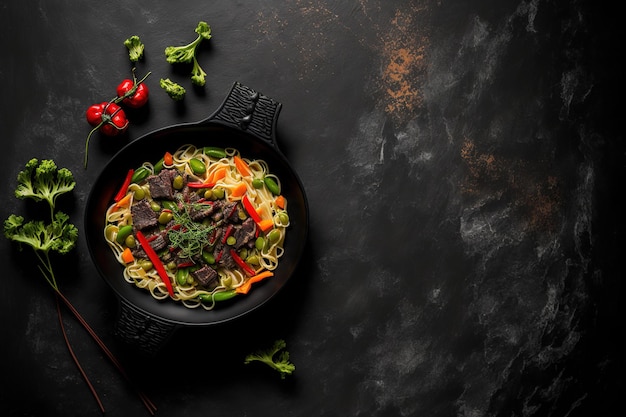 Macarrão frito com legumes e carne em um prato escuro parede cor de ardósia Copie o espaço olhando para cima