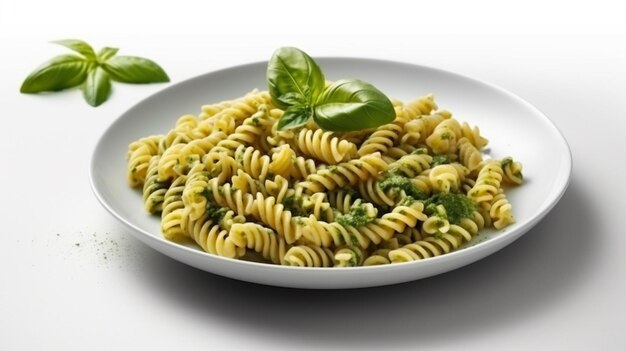 Macarrão fusilli com molho pesto e manjericão em backgroundgenerative ai branco