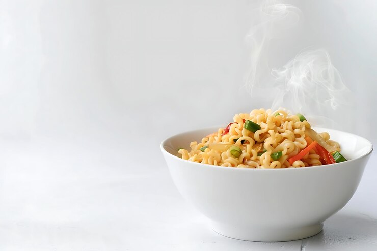 Foto macarrão instantâneo com legumes e especiarias em uma tigela sobre um fundo branco
