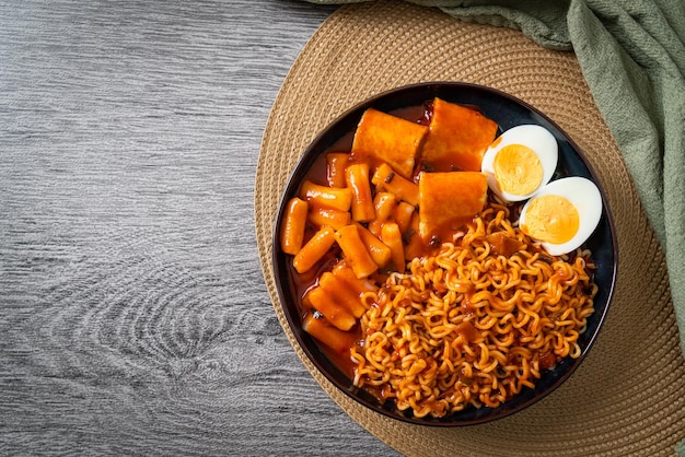 Macarrão instantâneo coreano com bolo de arroz coreano e bolo de peixe e ovo cozido - Rabokki - estilo de comida coreana