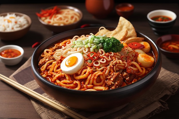 Macarrão instantâneo delicioso coreano e tteokbokki em molho picante coreano comida antiga