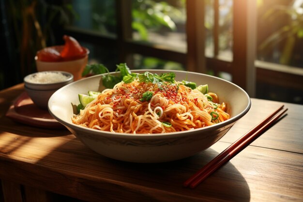 Macarrão instantâneo em estilo chinês exibido em mesa de madeira com luz natural IA generativa