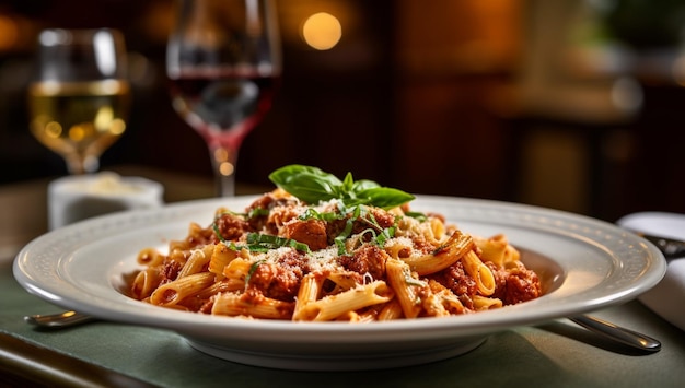 Macarrão italiano clássico penne alla arrabiata com manjericão fresco em uma mesa de madeira tradicional italiana