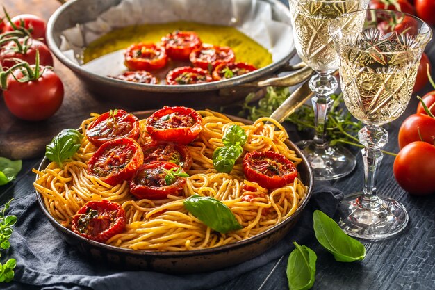 Macarrão italiano espaguete com tomate assado manjericão orégano tomilho e videira branca.