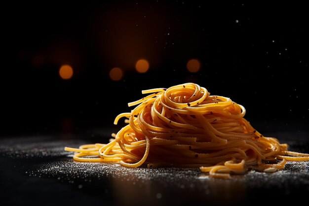 Macarrão na tábua de madeira com iluminação escura e fundo preto Conceito de comida e entrega