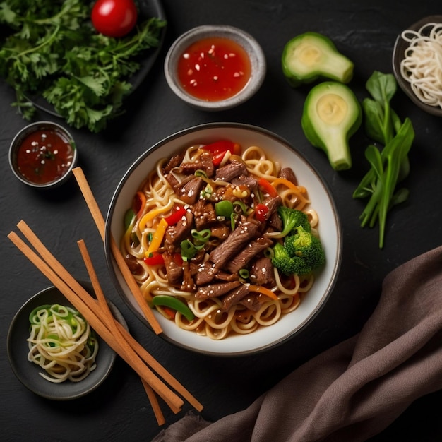 macarrão ou chow mein com carne e legumes na mesa preta