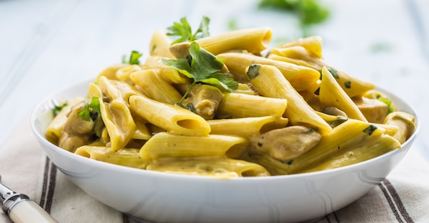 Macarrão pene com pedaços de frango, cogumelos, molho de queijo parmesão e decoração com ervas. Pene con pollo - cozinha italiana ou mediterrânea.