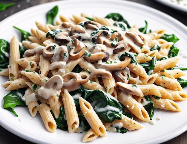 Macarrão penne com molho cremoso de cogumelos e closeup de espinafre AI gerado