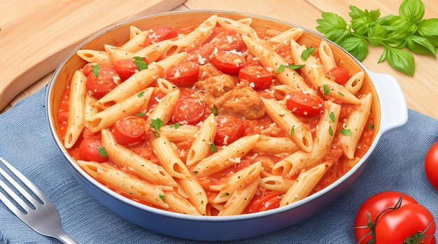 Macarrão penne em molho de tomate com frango e tomate em uma mesa de madeira