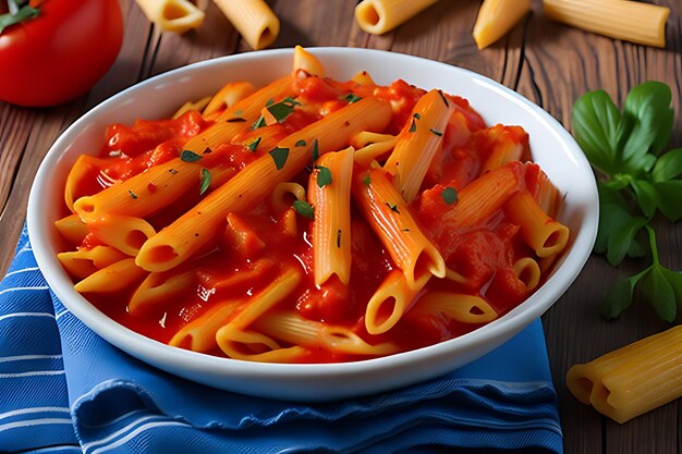 Foto macarrão penne em molho de tomate com frango e tomate em uma mesa de madeira