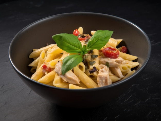 Macarrão penne em molho de tomate com frango em uma tigela IA generativa