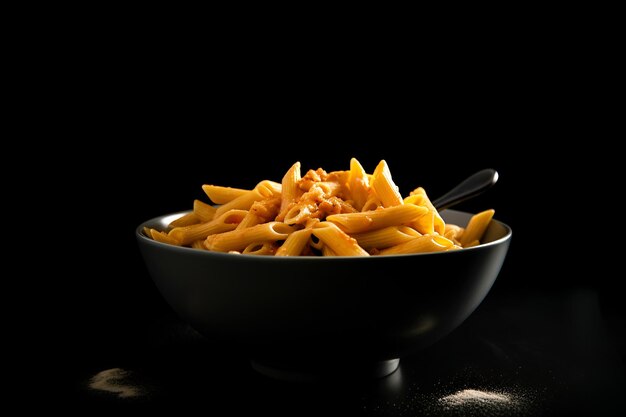 Macarrão penne em uma tigela preta em bakground preto AI gerado