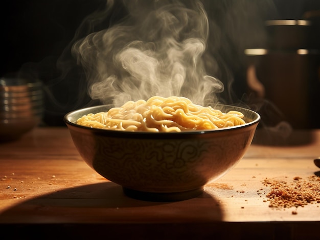 Macarrão ramen gourmet em uma tigela fumegante