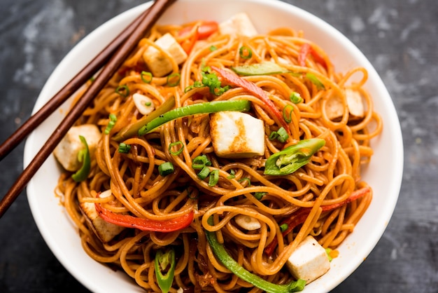 Macarrão Schezwan hakka com paneer ou queijo cottage. Servido em uma tigela. foco seletivo