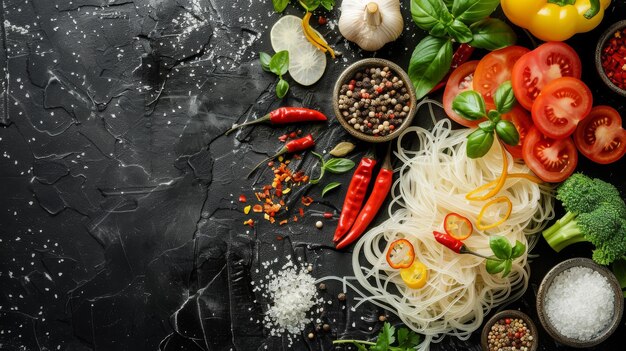 Foto macarrão shirataki com vegetais e especiarias em fundo preto vista superior