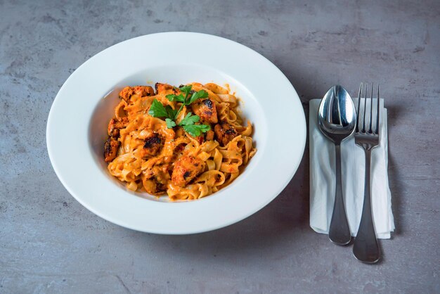 Macarrão Shish Tawook com colher servido em prato isolado em fundo cinza vista superior da comida do bahrein