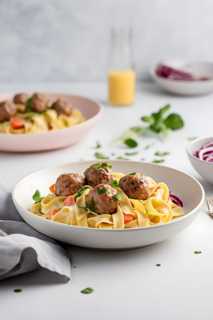 Macarrão tagliatelle caseiro com almôndegas e cenoura Comida italiana gerada por IA