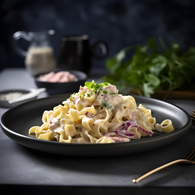 Macarrão tagliatelle caseiro com molho de creme branco em placa preta Comida italiana gerada por IA