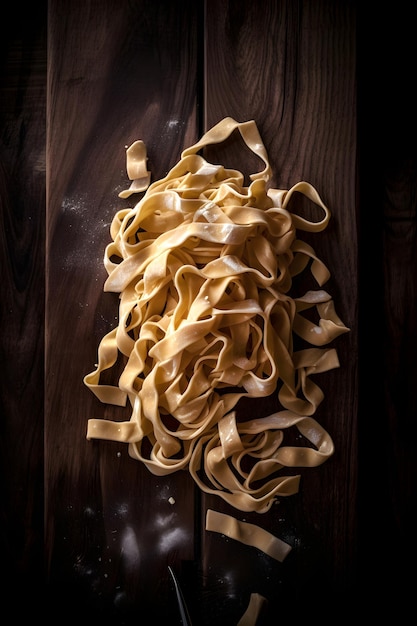 Macarrão tagliatelle cru em fundo de madeira gerado por IA