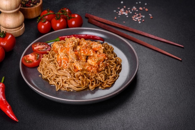 Macarrão tailandês e prato de frango em um fundo preto de concreto com pauzinhos chineses e espaço de cópia