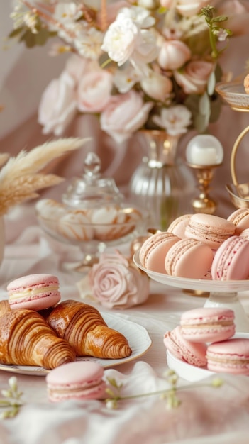 Macarrões e bolos cor-de-rosa variados em uma mesa