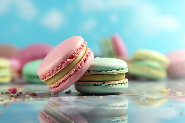 Un macarrón de colores se asienta sobre una superficie reflectante con un cielo azul de fondo.