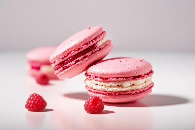 Macarrón de frambuesa aislado en fondo blanco delicioso postre