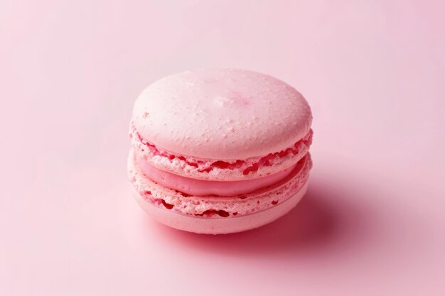 Foto macarrón francés rosado en el centro sobre un fondo rosado